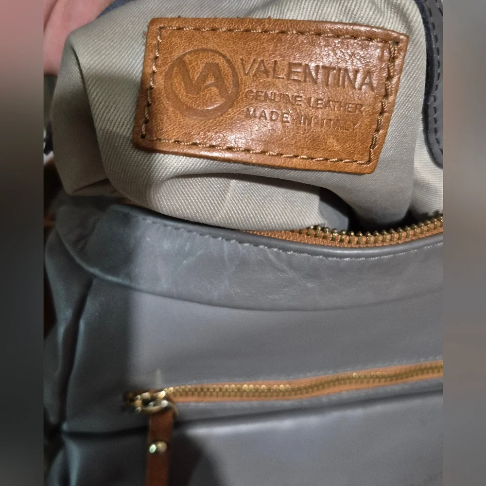 Valentina Gray Shoulder Bag with Brown Trim